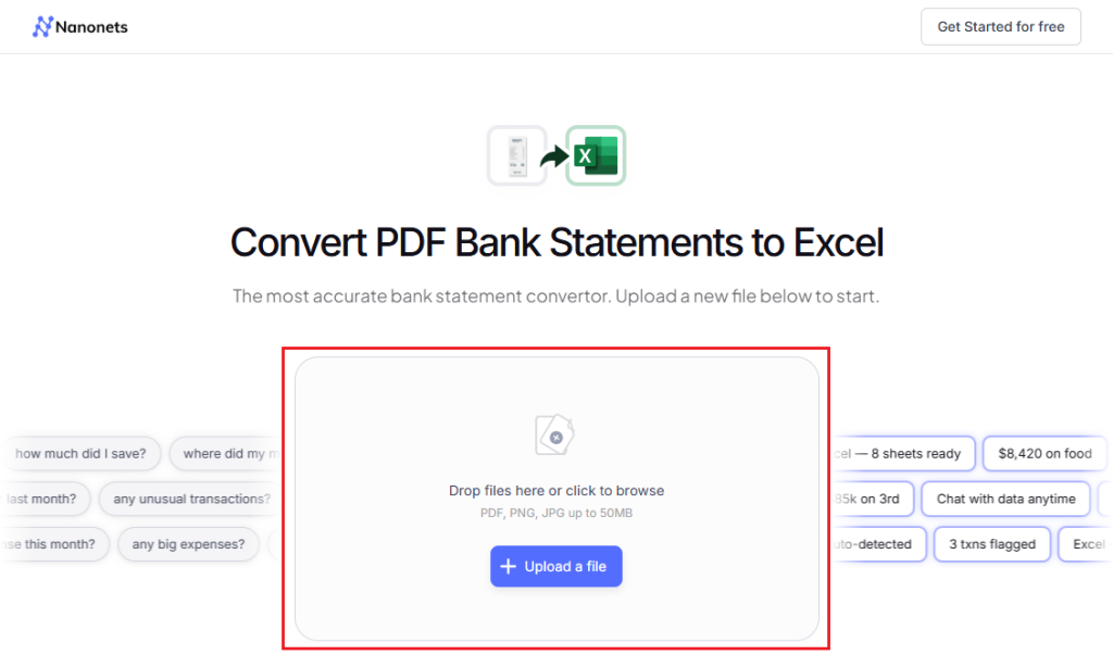 Upload your bank statement file into Nanonets