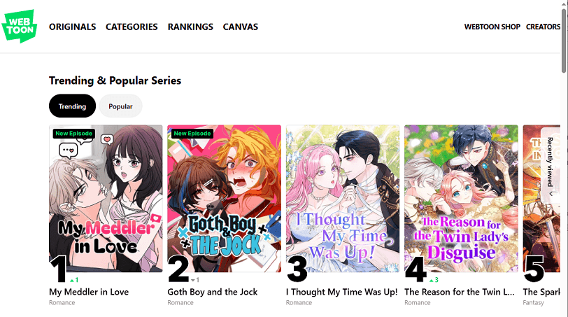 Interface of WEBTOON