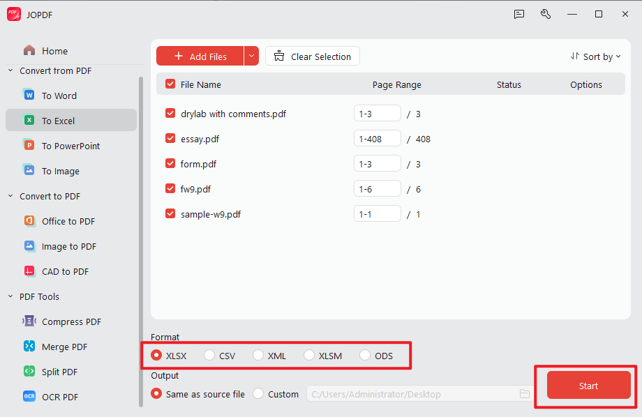 Select the needed output Excel format and click Start in JOPDF