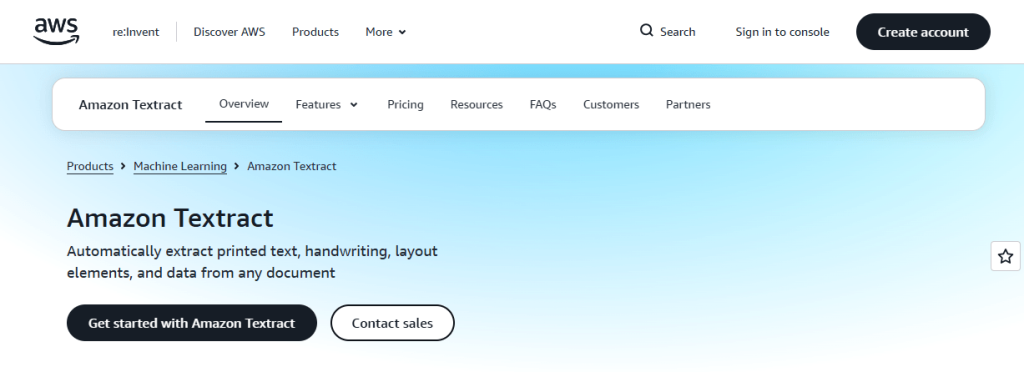 The web interface of Amazon Textract