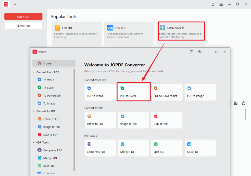 Click Batch Process and select PDF to Excel in JOPDF