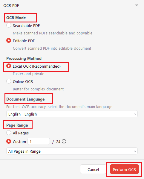 Specify the OCR settings for your bank statement in JOPDF