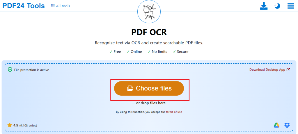 Click Choose files to upload your bank statement file into PDF24 Tools