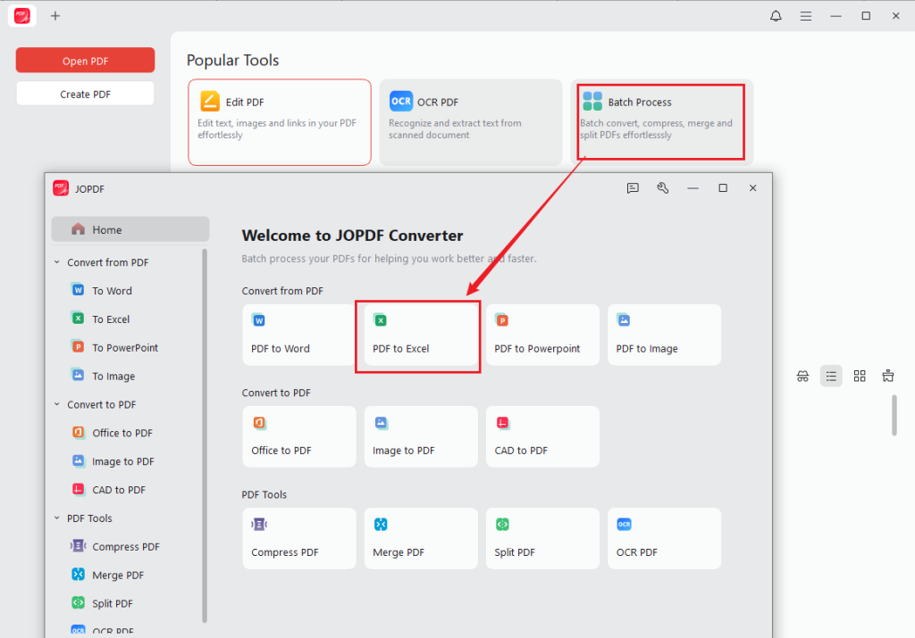 Click Batch Process and select PDF to Excel in JOPDF