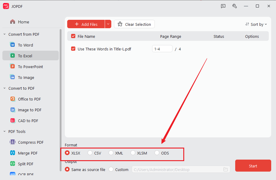 Select the needed Excel format for the bank statement in JOPDF