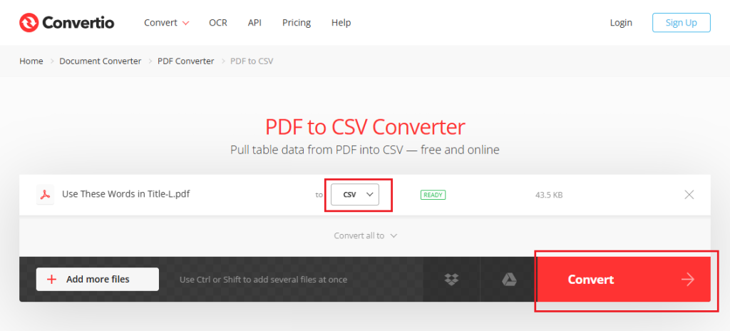 Convert PDF to CSV online with Convertio
