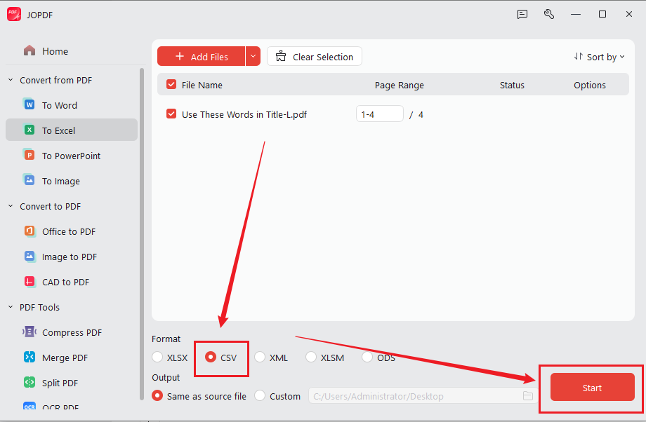 Convert PDF to CSV for free in JOPDF
