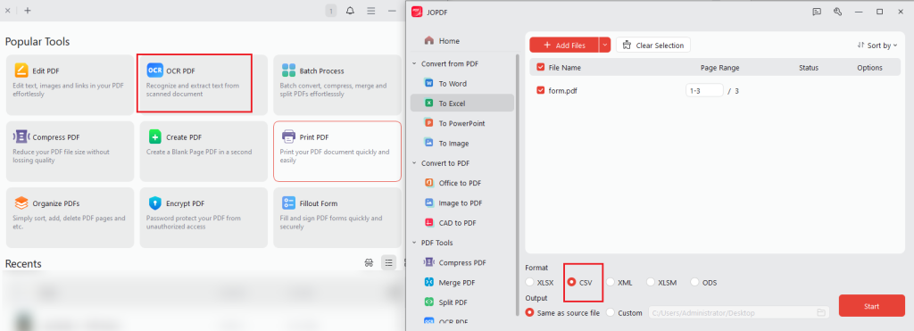 OCR the scanned PDF and convert it to CSV in JOPDF