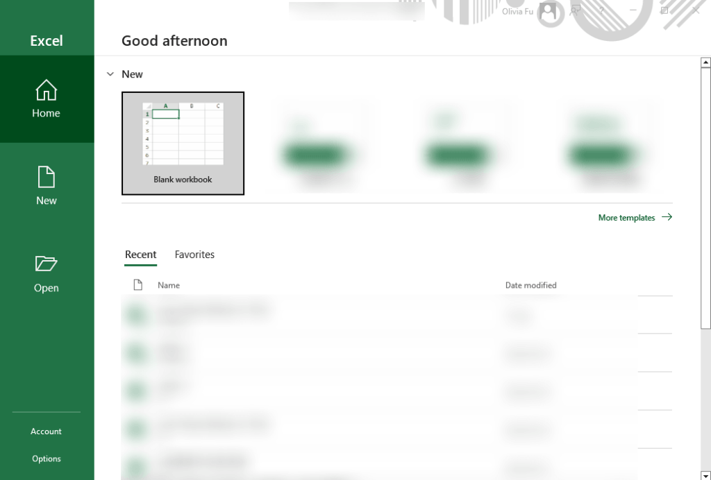 Interface of Microsoft Excel