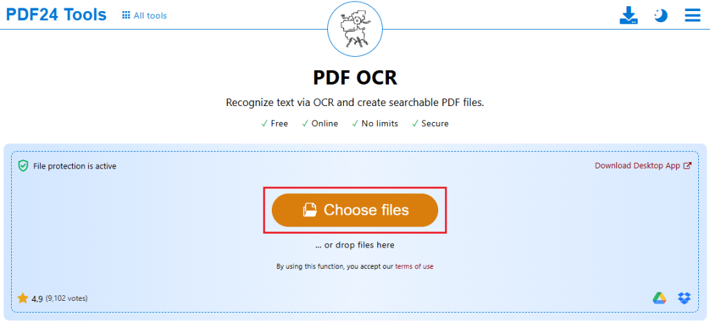 Click Choose files to import the target scanned PDF into PDF24 Tools