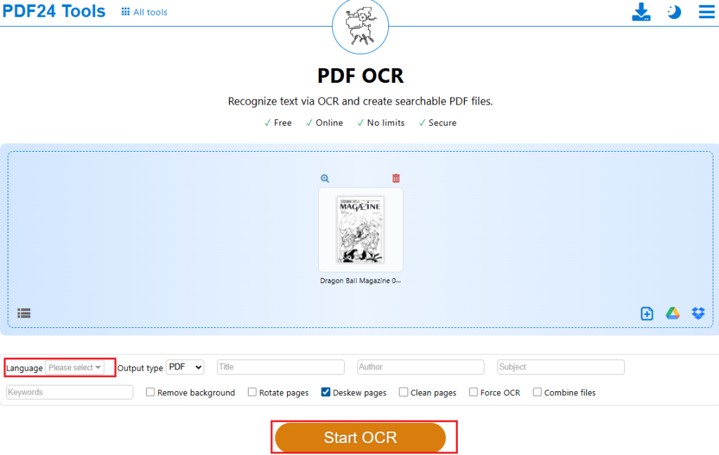 Specify the OCR settings in PDF24 Tools
