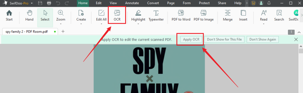 Click OCR or Apply OCR to recognize text in the scanned PDF in SwifDoo PDF