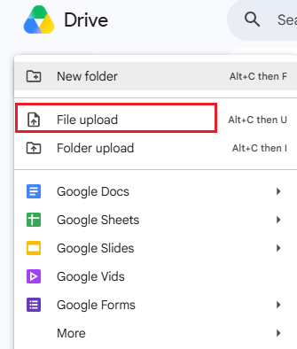 Click New and File upload to upload the scanned PDF into Google Drive