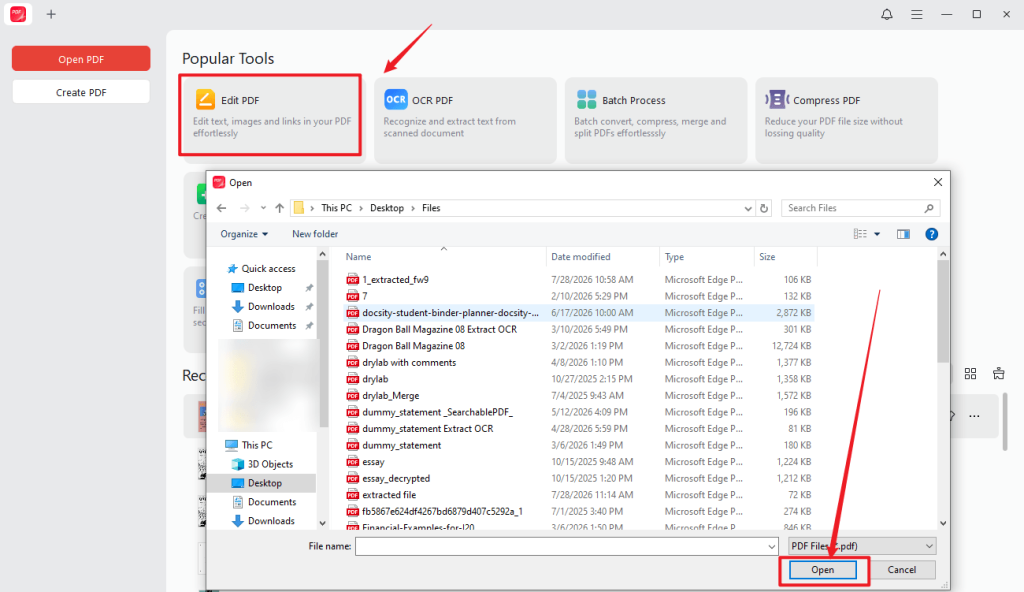 Click Edit PDF to import the target PDF into JOPDF to remove page numbers for free