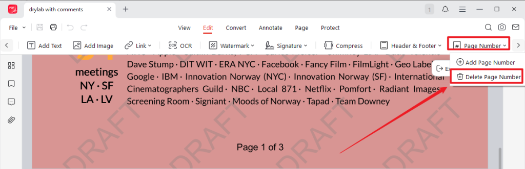 Click Page Number and select Delete Page Number in JOPDF