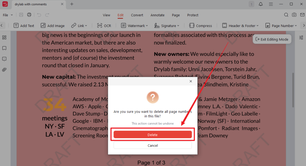 Click the Delete button to confirm the operation for deleting page numbers in JOPDF