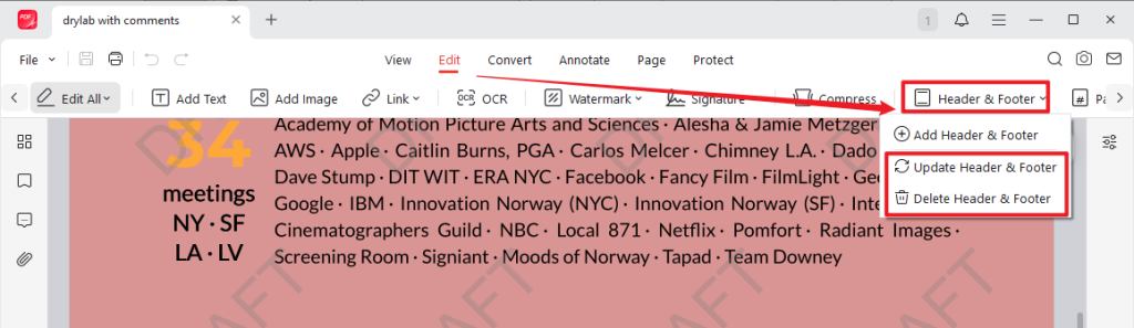 Click Header & Footer and select Update Header & Footer or Delete Header & Footer in JOPDF