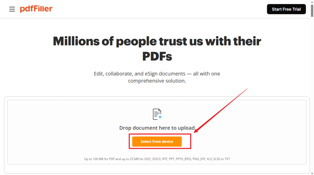 Click Select from device to upload the target PDF file into pdfFiller for removing page numbers