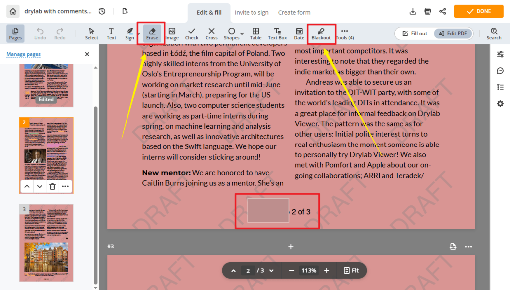 Select the Erase or Blackout tool to remove page numbers in pdfFiller