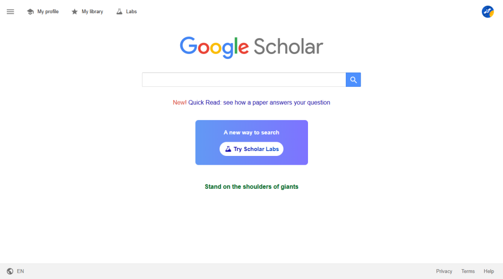 Interface of Google Scholar