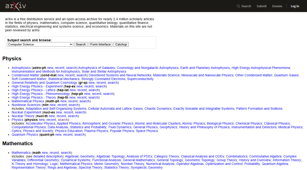 Main interface of arXiv
