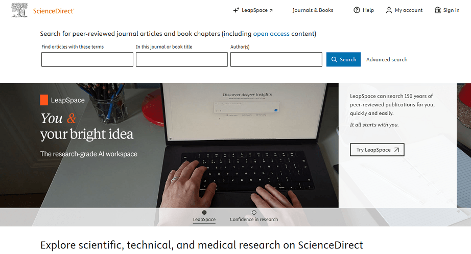 Interface of ScienceDirect