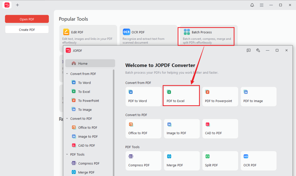 Click Batch Process and select PDF to Excel in JOPDF