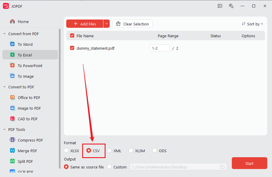 Select CSV as the output format in JOPDF