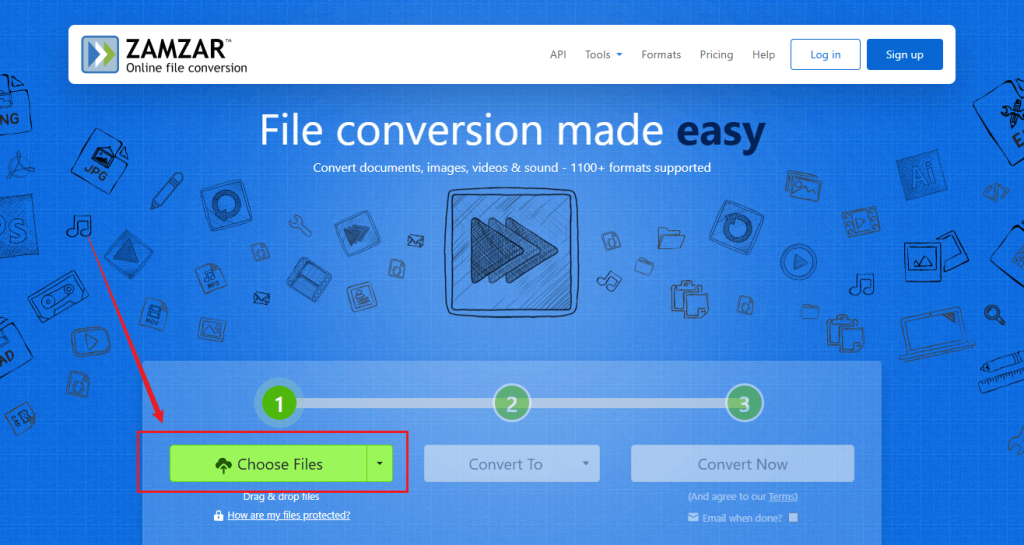 Click Choose Files to upload a PDF to Zamzar