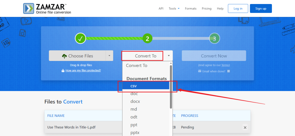 Open Convert To and select csv in Zamzar