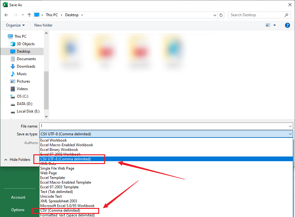 Open the Save as type dropdown in Microsoft Excel and select CSV as the output format