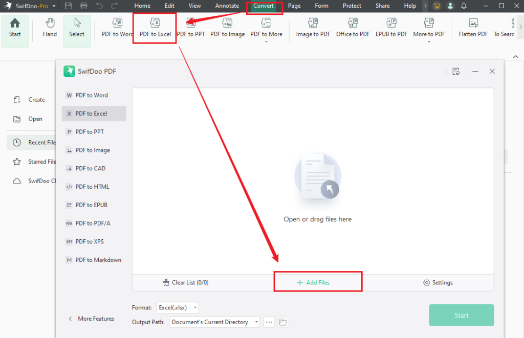 Select PDF to Excel and click Add Files to import your scanned PDF into SwifDoo PDF