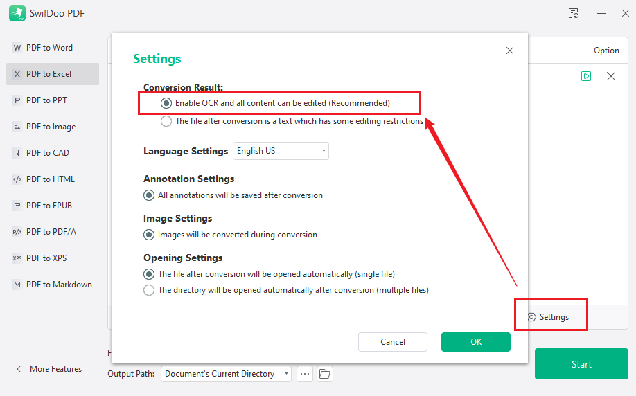 Click Settings to enable the OCR settings in SwifDoo PDF