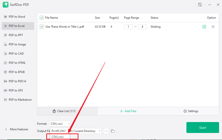Select CSV(.csv) as the output format in SwifDoo PDF