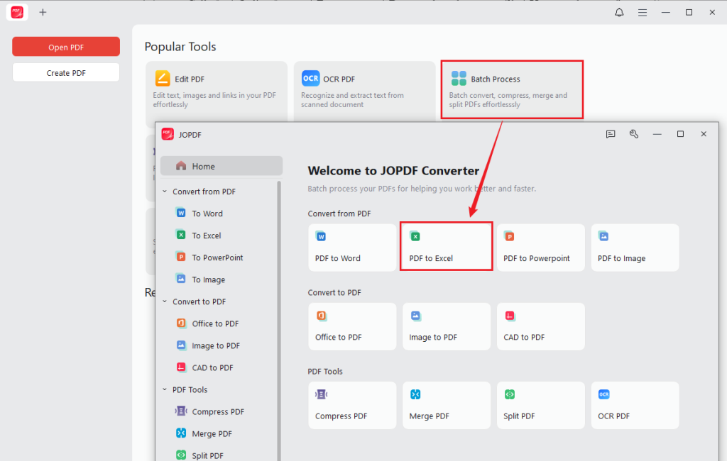 Click Batch Process and select PDF to Excel in JOPDF