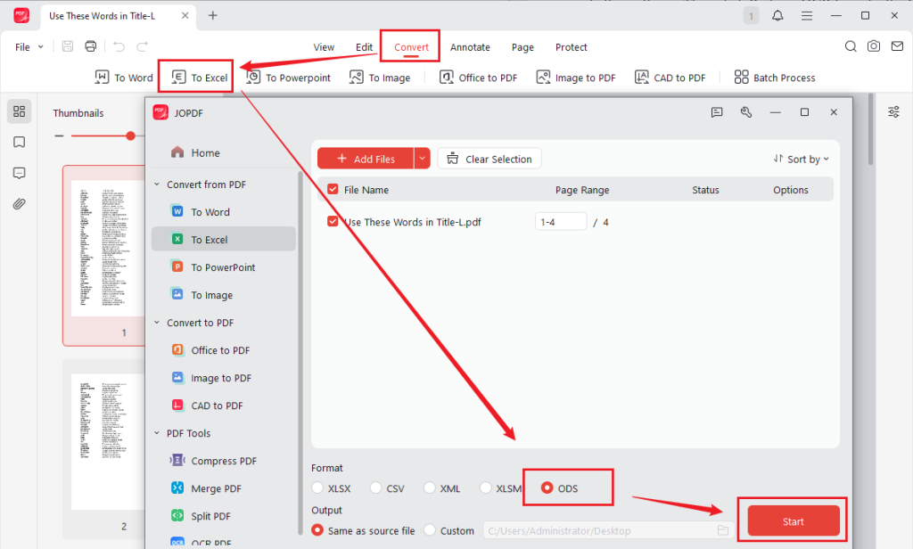 Go to Convert to convert the OCR-enabled PDF to ODS in JOPDF