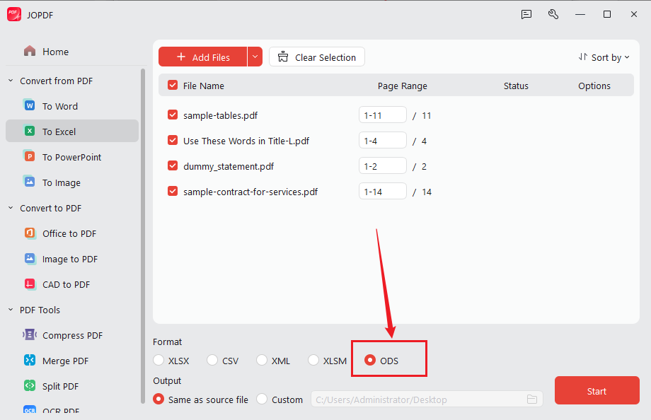 Set ODS as the output format in JOPDF