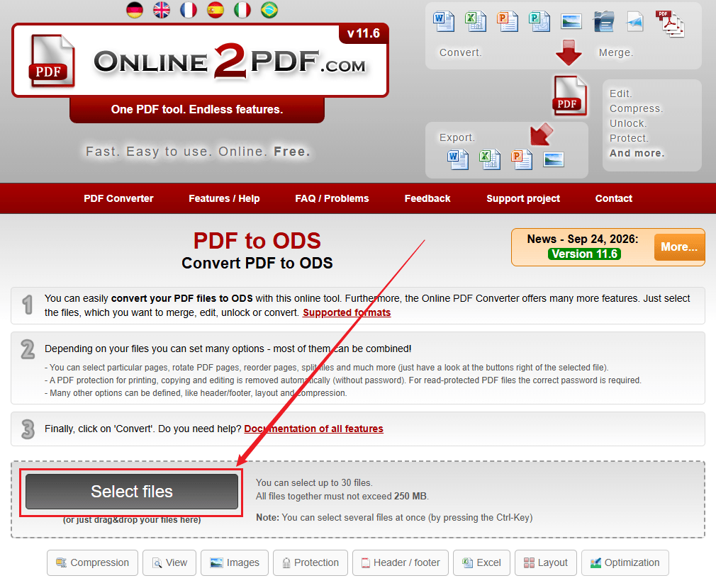 Click Select files to upload the target PDF file into Online2PDF