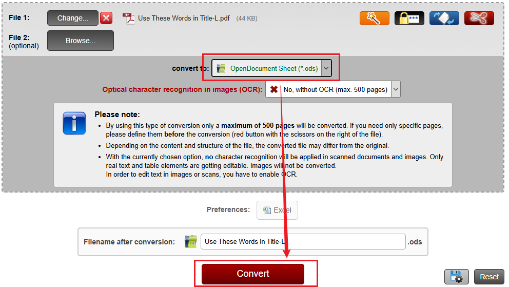 Click Convert to convert PDF to ODS online with Online2PDF