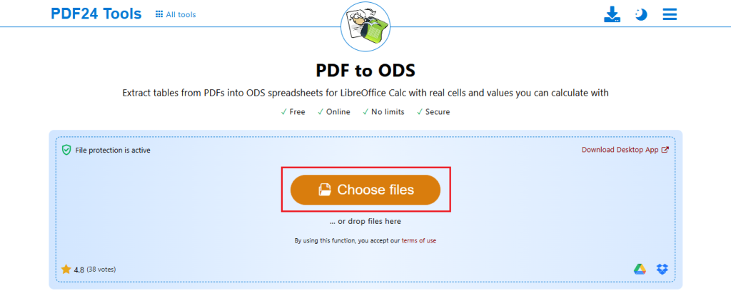 Click Choose files to upload a PDF into PDF24 Tools