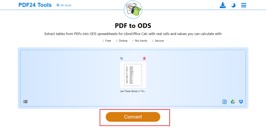 Click Convert to convert PDF to ODS with PDF24 Tools