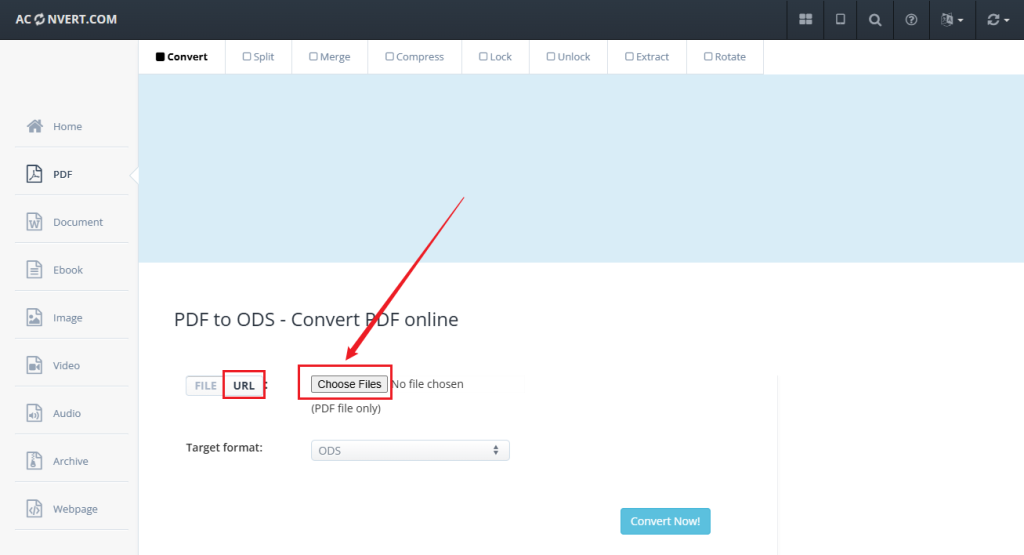 Click Choose Files to upload a PDF into AConvert