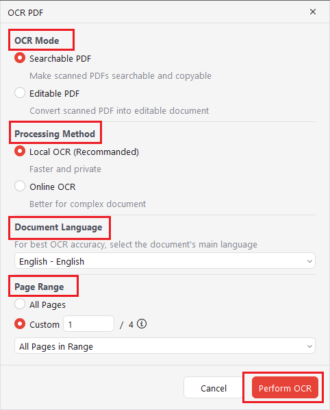 Customize the OCR settings for the PDF in JOPDF