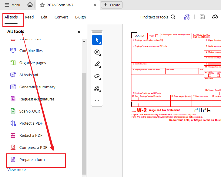 Click All tools and select Prepare a form in Adobe Acrobat