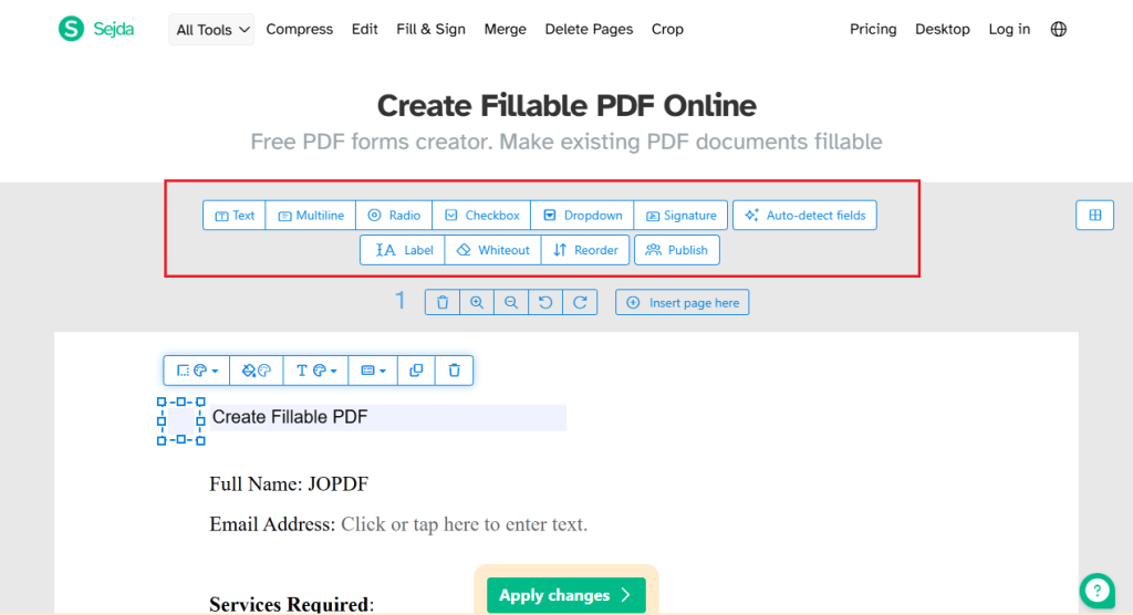 Add fillable fields into the document using Sejda PDF Forms