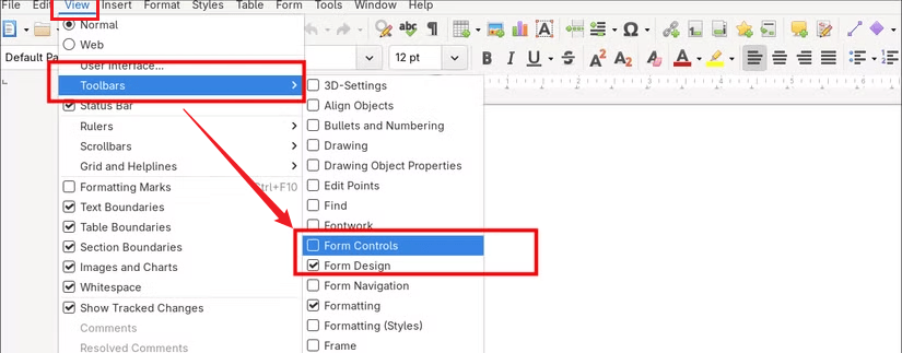 Go to View and select Form Controls from the Toolbars in LibreOffice Writer