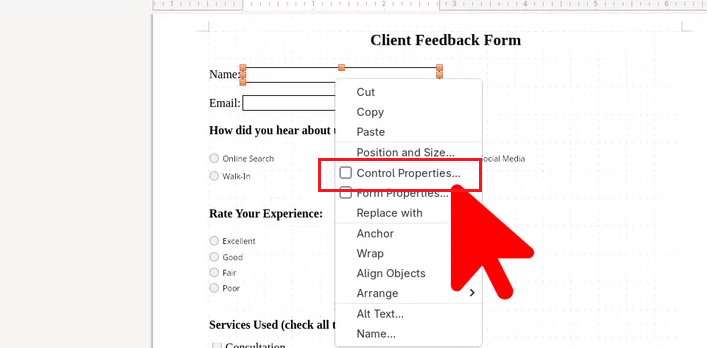 Right-click the control and select Control Properties to configure it in LibreOffice Writer