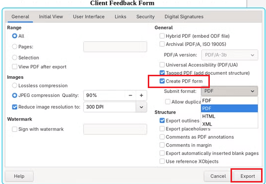 Enable the Create PDF form option in the export window of LibreOffice Writer