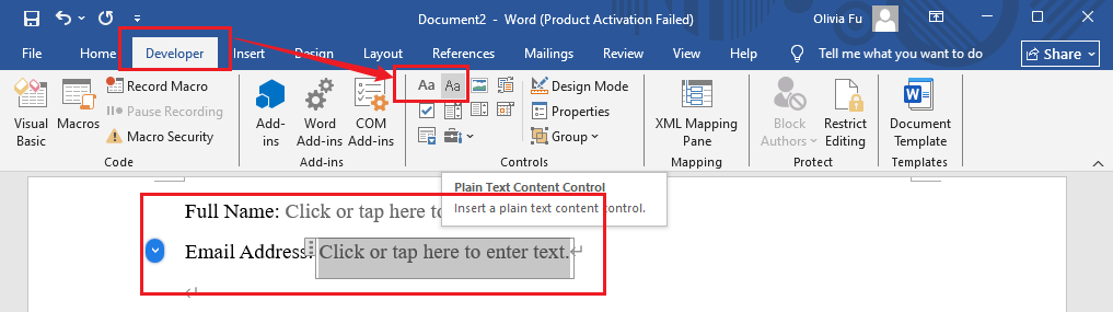 Go to Developer and select “Plain Text Content Control” or “Rich Text Content Control” in Microsoft Word