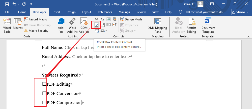 Add check boxes in Microsoft Word